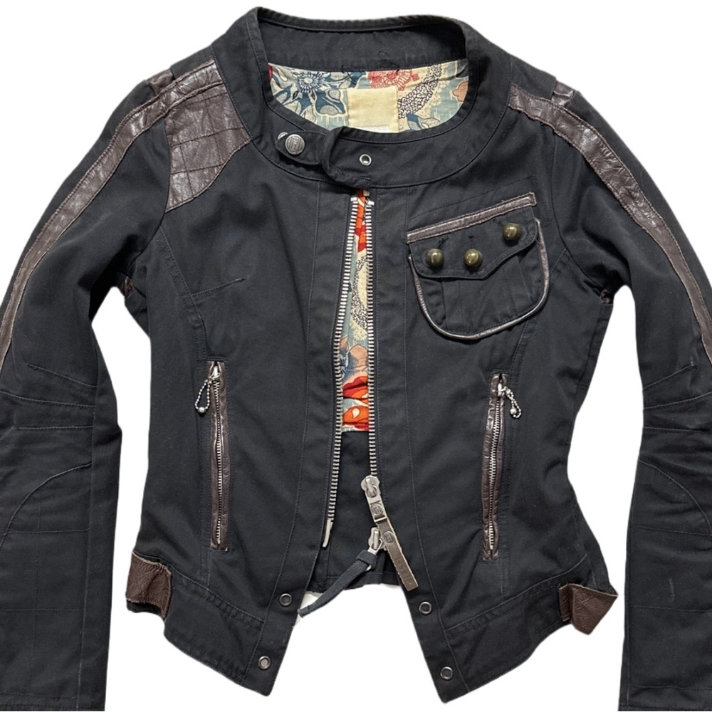Y2K DIESEL rare black slim fitted nightriders leather trim jacket, S. - Picture 2 of 8